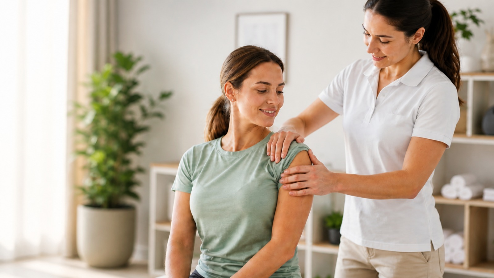 Fisioterapeuta tratando el hombro de una paciente