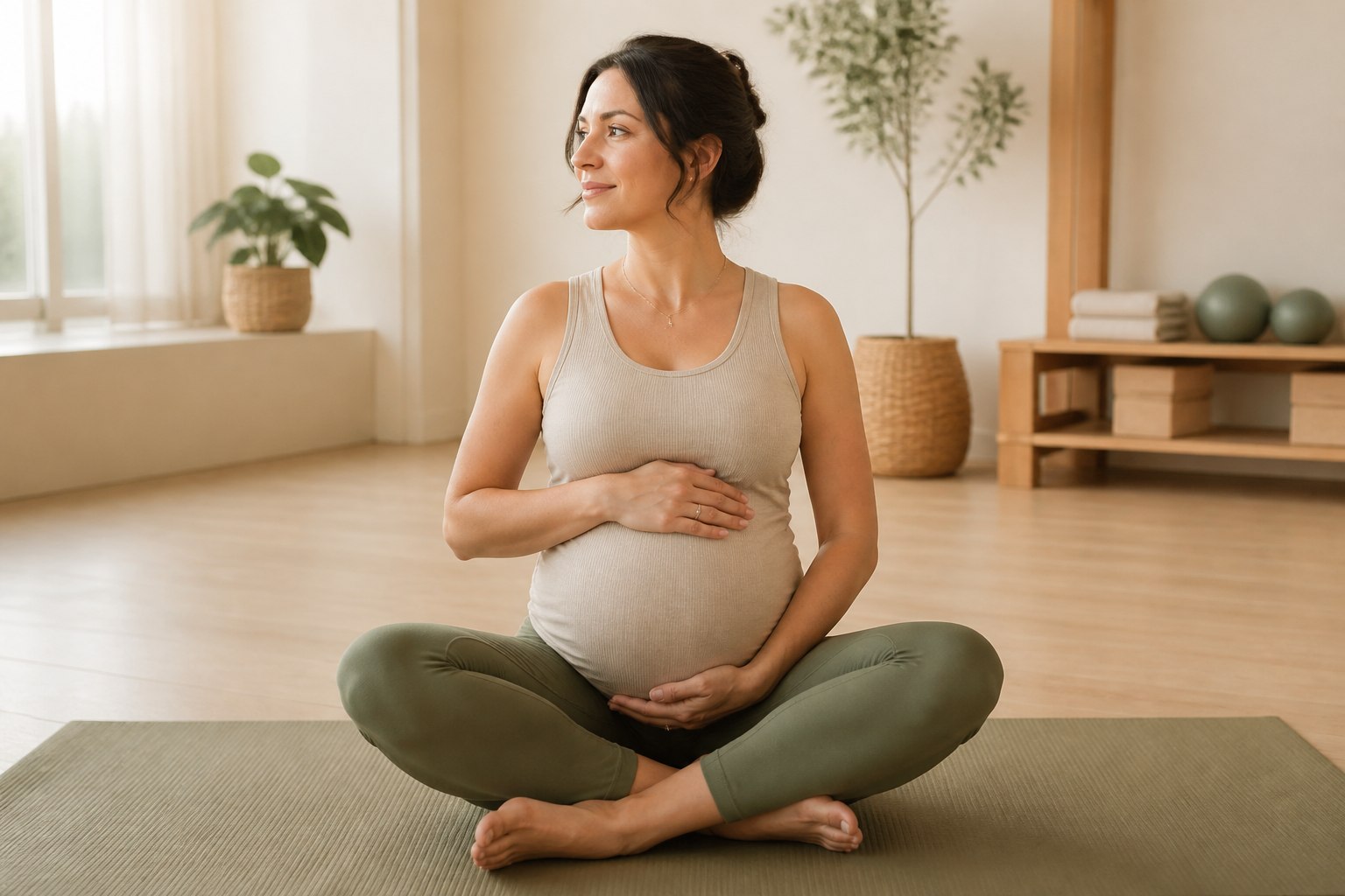 Mujer embarazada practicando Pilates de forma tranquila